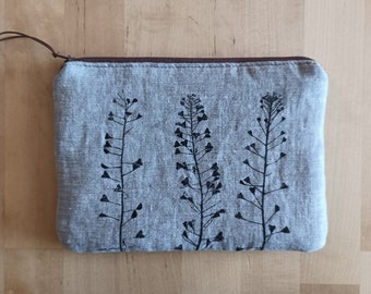 Linen cosmetic pouch, Small fabric purse, Hand printed linen pouch, hand stamped purse, Light grey zipper pouch