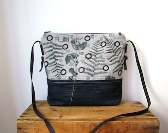 Big soft crossbody bag, Hand print Linen bag, Botanical stamp bag, Everyday shoulder handbag, Vegan Linen Denim bag