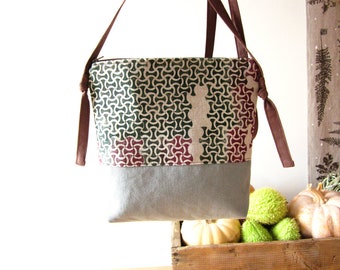 Small hand printed crossbody bag Geometrical shoulder bag Green Grey handbag Canvas purse Every day Vegan bag