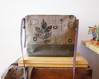 Linen crossbody bag, Hand printed bag, Vegan hadbag, Beige and Grey linen bag, Linen handbag, Hand stamped purse, Handstamped bag