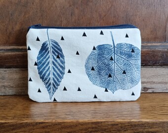 Hand printed cosmetic pouch, Small fabric purse, Hand Printed linen purse, Leaves stamped purse