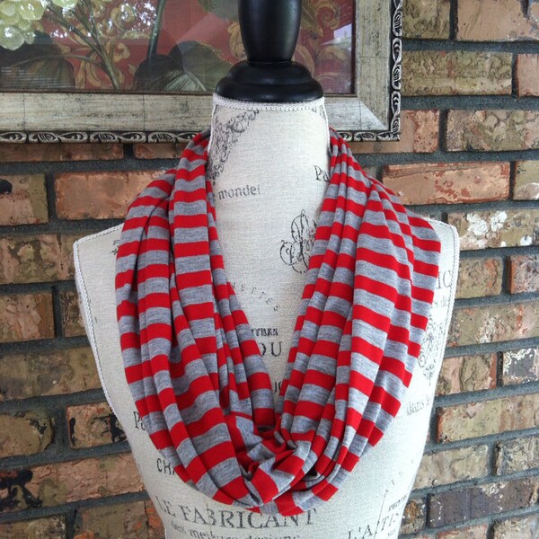 SALE Ohio State, Red and Gray Striped Infinity Scarf, Scarlet and Gray Scarf, Buckeyes