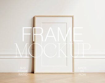 May include: A light wood frame mockup with a white mat and a white background. The frame is 8x12 inches and is made by Row.