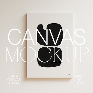 Pode incluir: Uma maquete de tela branca com uma forma abstrata preta no centro. O texto "CANVAS MOCKUP" está escrito em branco no topo da tela. O texto "DIN A CANVAS RATIO" está escrito em branco na parte inferior esquerda da imagem. O texto "MADE BY ROW" está escrito em branco na parte inferior direita da imagem.