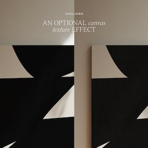 Op de afbeelding: Twee abstracte geometrische kunstprints in zwart en wit met een optioneel canvas textuur effect.  BEVAT EEN OPTIONELE canvas textuur EFFECT.
