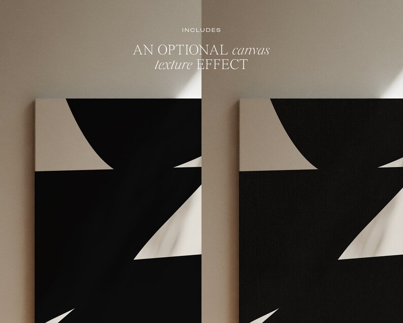 Op de afbeelding: Twee abstracte geometrische kunstprints in zwart en wit met een optioneel canvas textuur effect.  BEVAT EEN OPTIONELE canvas textuur EFFECT.