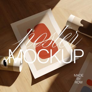 Maqueta de rollo de póster / Maqueta de póster en el suelo / Maqueta plana DIN A A4 / Maqueta de póster tumbado / Maqueta PSD Photoshop / Minimalista moderno