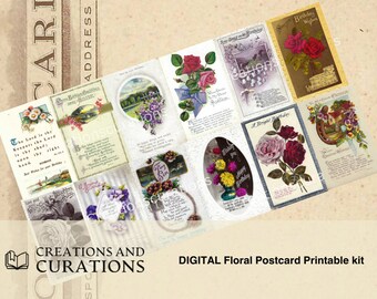 Vintage Floral Postcards, Antique Floral Postcards Theme, Floral Vintage Postcards Digital Download 12 floral vintage postcard fronts