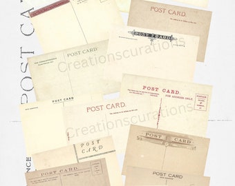 16 Vintage Postcard Backs, Antique Postcard Backs, Postcard Collage Sheets, Instant Digital Download 16 different postcard backs
