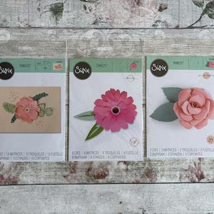 May include: Three Sizzix Thinlits metal cutting die sets in clear plastic packaging. The left set features a pink flower with green leaves, the middle set shows a bright pink daisy, and the right set displays a layered pink rose with green leaves.