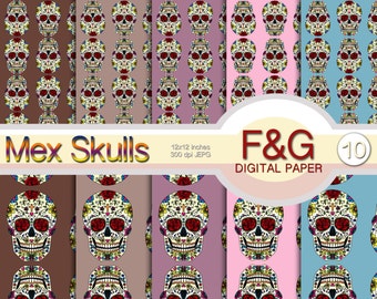 MEX SKULLS - n.1 - Digital Paper, Craft, Scrapbook Papers, Scrapbooking, Cartonnage, Sugar Skull, Mexico, Skull Art, Day of the Dead