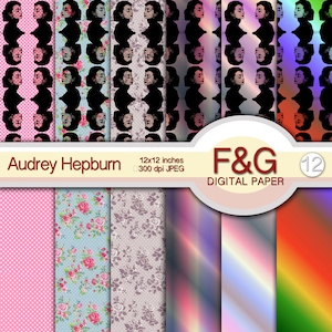 AUDREY HEPBURN Carta Digitale, Craft, Shabby, Arcobaleno, Scrapbooking, Cartonnage - PACCHETTO1