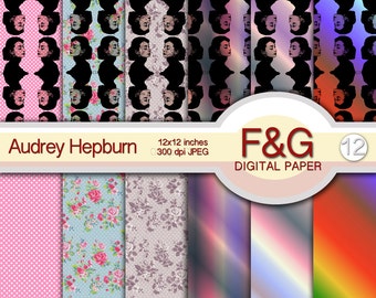 AUDREY HEPBURN Digital Paper, Shabby, Rainbow, Craft, Scrapbooking, Cartonnage, Supplies - PACK1