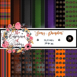 SCARY PUMPKINS Carta Digitale, Zucche, Halloween, Craft, Scrapbooking, Materiali Creativi, Viola, Verde, Arancione, Nero, Festa di Halloween