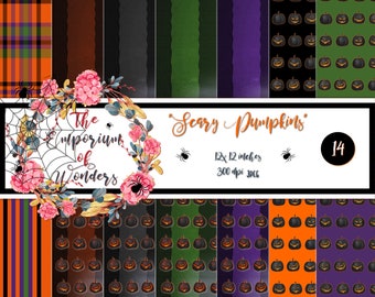 SCARY PUMPKINS Digital Paper, Pumpkins, Halloween, Craft, Scrapbooking, Supplies, Spooky, Purple, Green, Orange, Black, Halloween Party