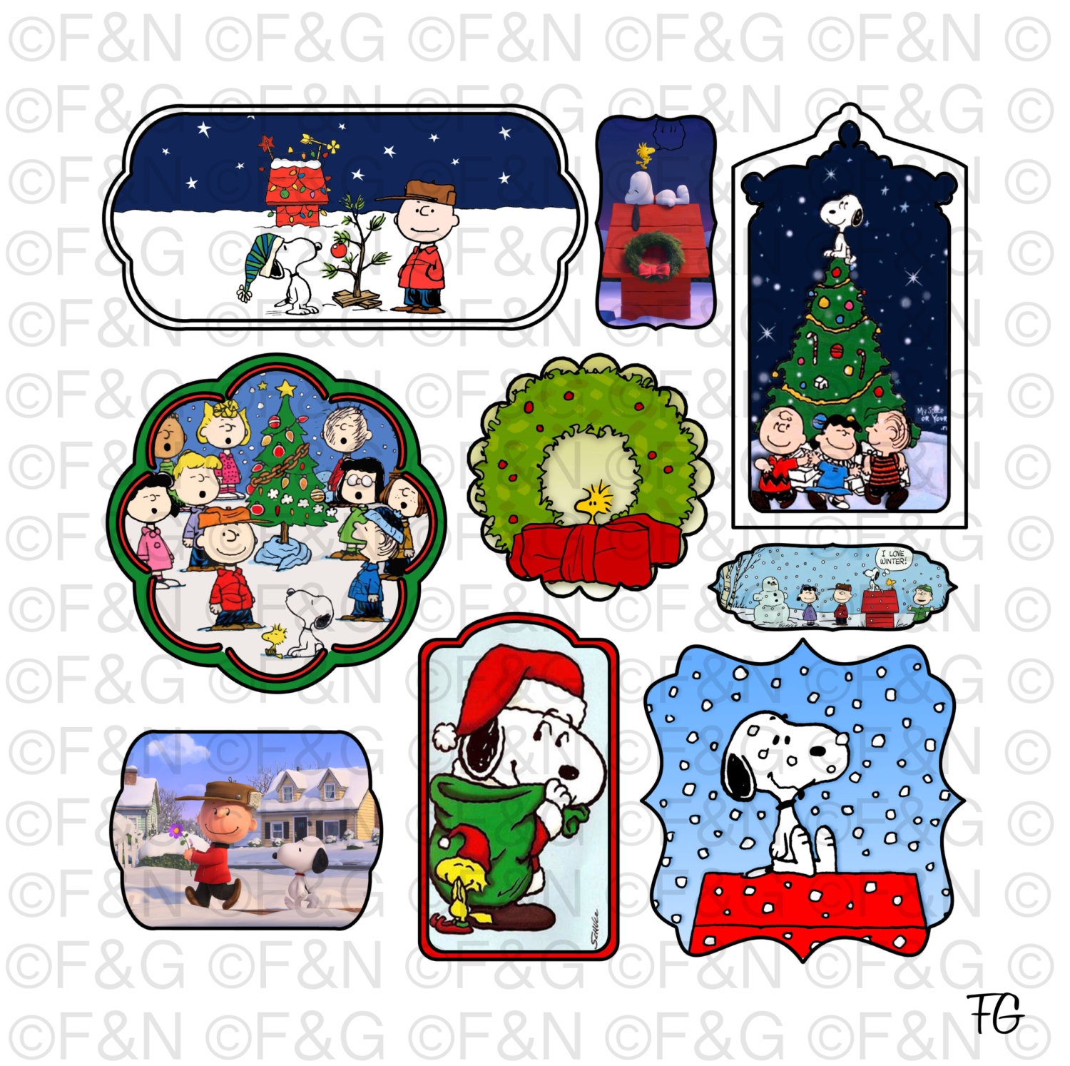 TAG - Etichette NATALIZIE dei PEANUTS, Gafiche Digitali, Natale, Inverno,  Peanuts, Snoopy, Craft, Scrapbooking, Biglietti, Feste - Pack 1, image size:1500x1494
