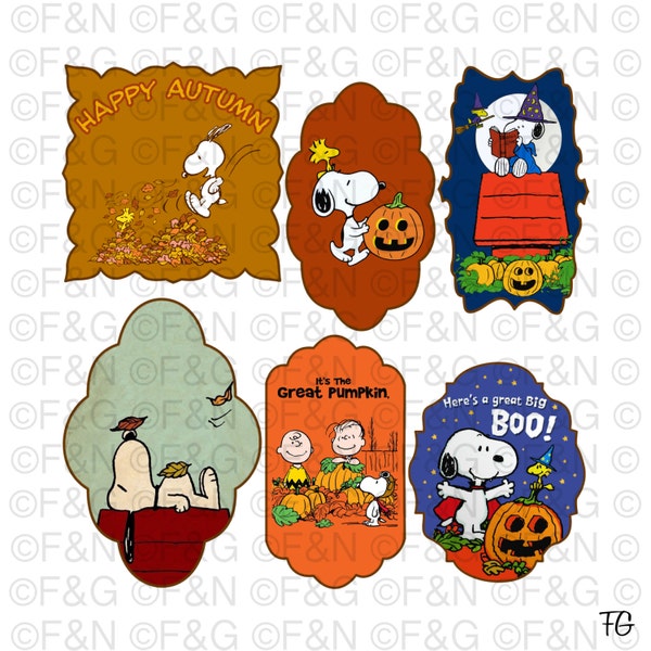 FALL PEANUTS Digital TAGS - labels, Digital Graphics, Autumn, Fall, Pumpkins, Halloween, Peanuts, Snoopy, Craft, Scrapbooking, Cartonnage