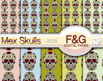 MEX SKULLS - n.3 - Digital Paper, Craft, Scrapbook Papers, Scrapbooking, Cartonnage, Sugar Skull, Skull, Mexico, Skull Art, Day of the Dead