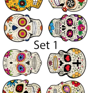 Day of the Dead, Sugar Skulls Aufkleber 8er-Set gedruckt auf Vinyl mit Applikationsband