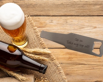 Bottle shaped personalised bottle opener. Great stocking filler. Stainless steel