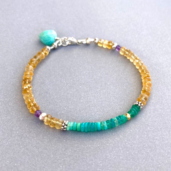 Menthe Opale éthiopienne Citrine Amazonite Coeur Améthyste 22kt Or Vermeil Karen Hill tribu Argent Sterling Bracelet Perle à facettes Sundance Style