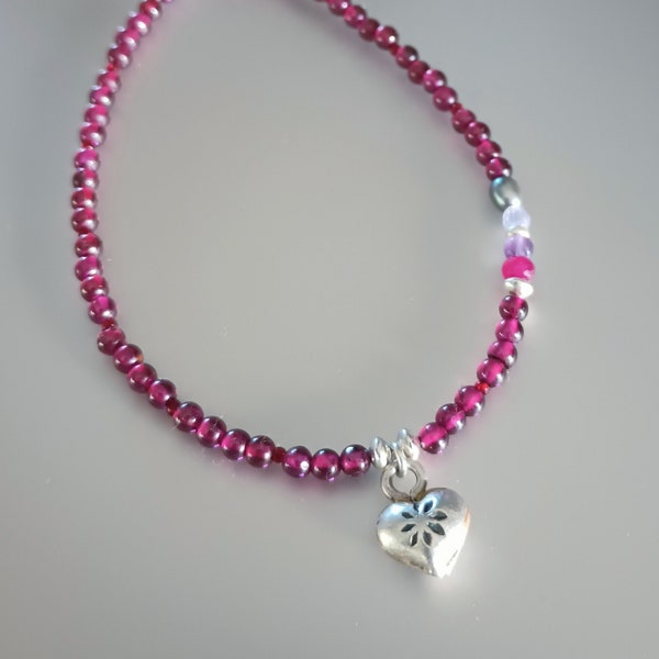 Purple Red Rhodolite Garnet Peacock Pearl Amethyst Ruby Fine silver Heart pendant Necklace .925 sterling Statement Sundance Style