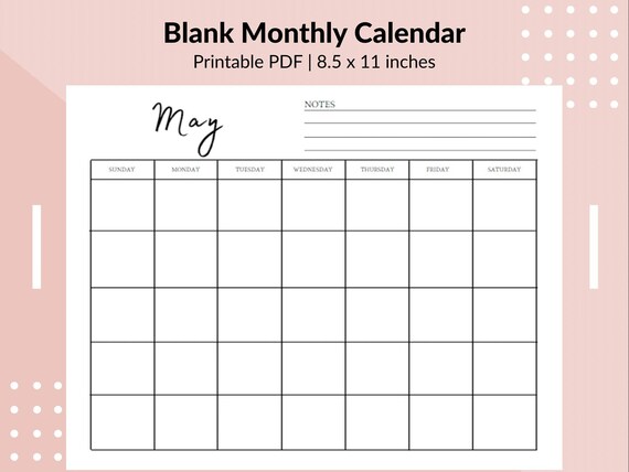 blank monthly calendar printable calendar print at home etsy