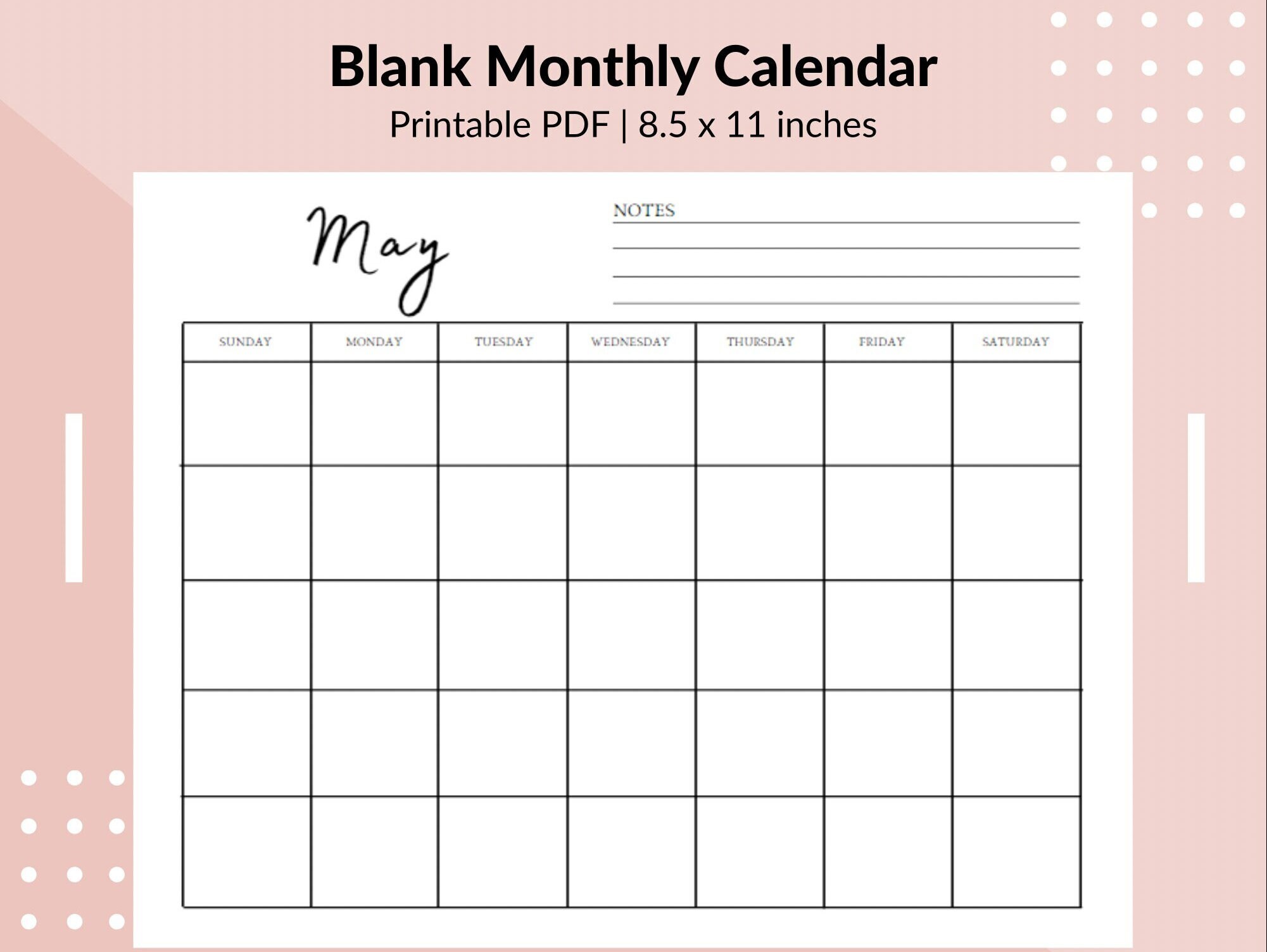 blank monthly calendar printable calendar print at home etsy