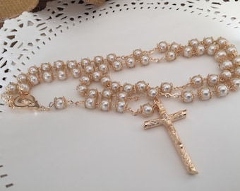 Cream Color Crystal Pearls Rosary Gold Plated/ swarovski Pearls / rosario En Perlas de Crystal