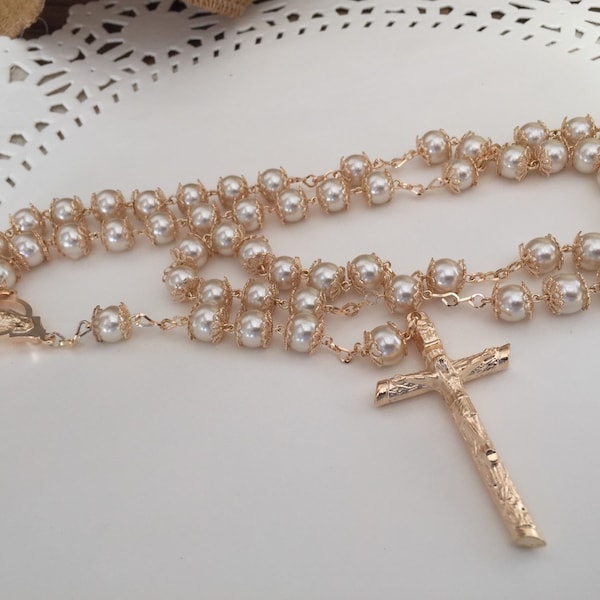 Cream Color Crystal Pearls Rosary Gold Plated/ swarovski Pearls / rosario En Perlas de Crystal