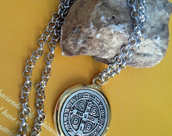 St Benedict two tone medal with necklace chain/ exorcism protection/ men gift/ medalla de San Benito en dos Tonos con cadena