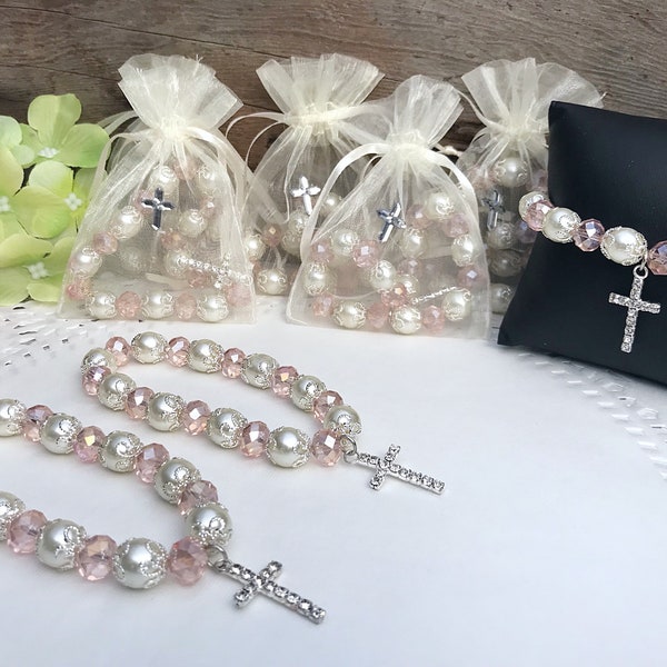 20  Glass Pearls and pink Cut Crystal  Bracelets for Baptism favors/communion favors, recuerdos de Bautizo /bridal gifts /birthday favors