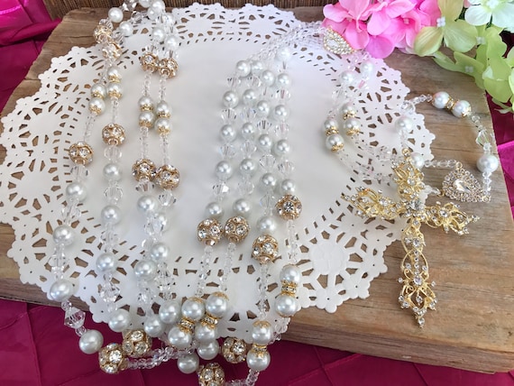 Wedding Suite - Gold, White and Peachy Seed Pearls and Clear Swarovski Crystals Originally set, Crystal pearl, White, Rose gold-tone plated  main image 3