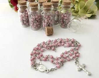 32 full size rosary baptism favors/Comunion Favors in little glass bottles Rosaries/recuerdos de bautizo/rosarios completos/christening fav