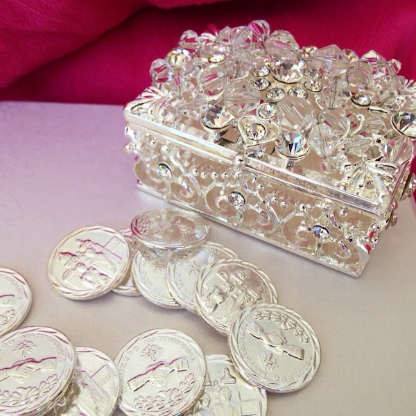 Wedding arras silver tone/FREE SHIPPING/13 unity coins / arras  decoradas con crystal bañados en  plata