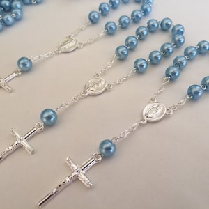 35 baptism favors OYSTER BLUE  Faux  Round pearls/ christening Favors/communion favors/ recuerdos de Bautizo/ mini Rosary blue