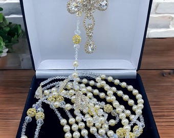 Swarovski Pearls and Rhinestones   Wedding lasso Ivory Color Gold Plated Accents/ lazo para boda en perlas beige bañado en Oro