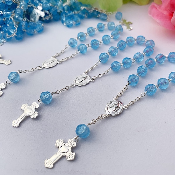 25   blue baptism favors silver plated \decades/ mini rosary Christening favors/ recuerdos para bautizo