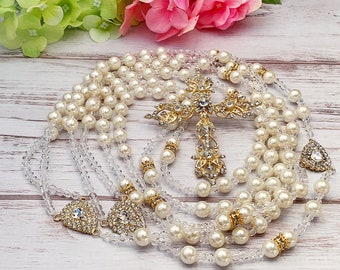 Swarovski Pearls Wedding lasso Ivory Color Gold Plated Accents/ lazo para boda en perlas beige bañado en Oro/ wedding lazo/ Laso DE Crystal
