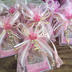 12 Pink Baptism Favors/ repujado /recuerdos  de Bautizo color rosa/ christening favors prayer books/ librito de oracion / mini rosaries/ fav