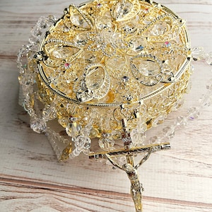 Lazo de boda de cristal y caja de lazo decorado con cristal / lazo de cristal y porta lasso / caja para lazo de boda