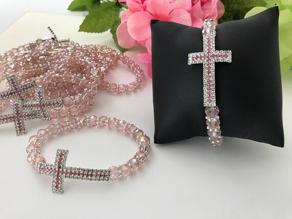 12 ROSARY BRACELETS SILVER CROSS PINK BAUTIZO COMMUNION QUINCE FAVORS RECUERDOS