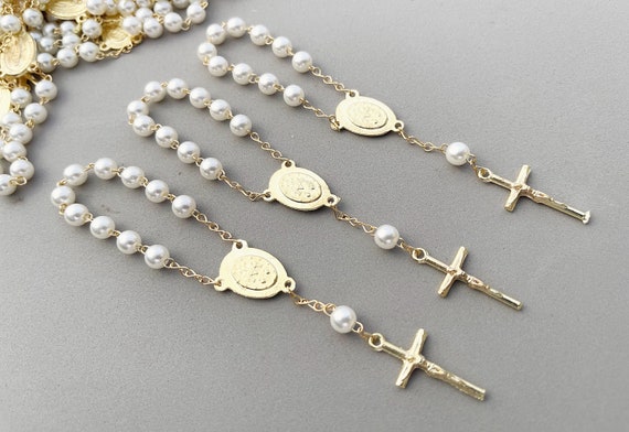 75 Pc Mini Rosary IVORY COLOR/Silver Baptism  Favors/Decenario/Recuerditos/Decade