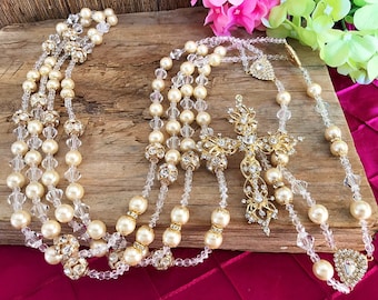 Ivory Pearls wedding lasso Gold plated-crystal wedding lasso/Swarovski 12mm crystal pearls and Rhinestone balls/Lazo de bodas perlas beige