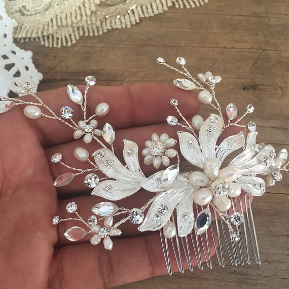 Champagne Silver Color Bridal Hair Comb With Fresh Water Etsy
