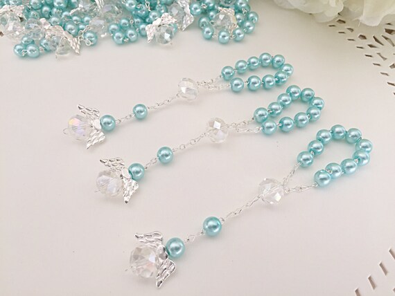 // 25 Pc White Baptism Favors with Angels Mini Rosaries Silver Plated Acrylic Beads//Recuerditos De Bautismo//Christening Favors//Decenarios//