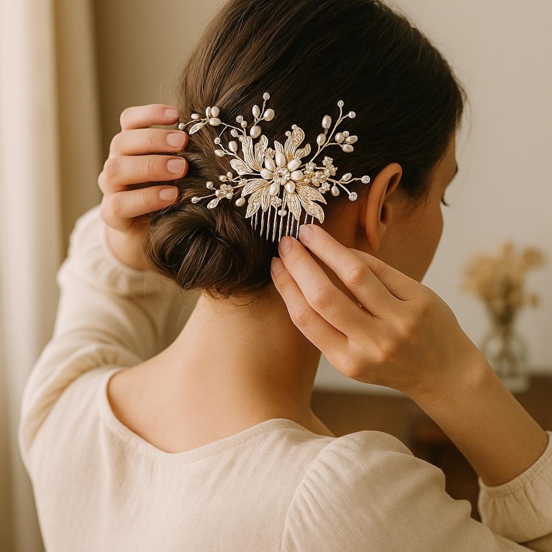 Champagne Silver Color Bridal Hair Comb With Fresh Water  display picture 1