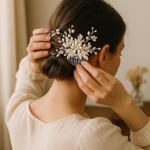 Champagne Silver Color Bridal Hair Comb With Fresh Water  display picture 2