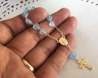 25pc mini rosary Baptism favors baby blue  tiny hearts/ silver plated christening favor/ decade/ communion favor
