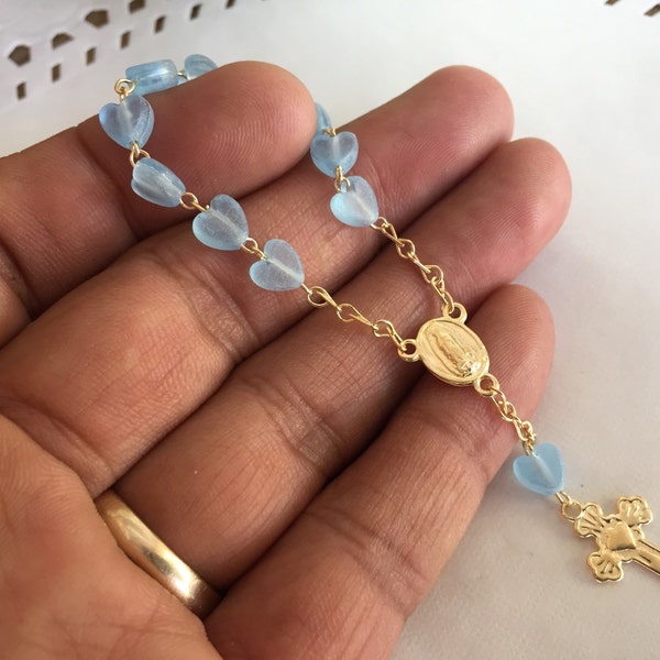 Mini chapelet 25 pièces cadeaux de baptême bleus minuscules coeurs / cadeau de baptême plaqué argent / décennie / cadeau de communion